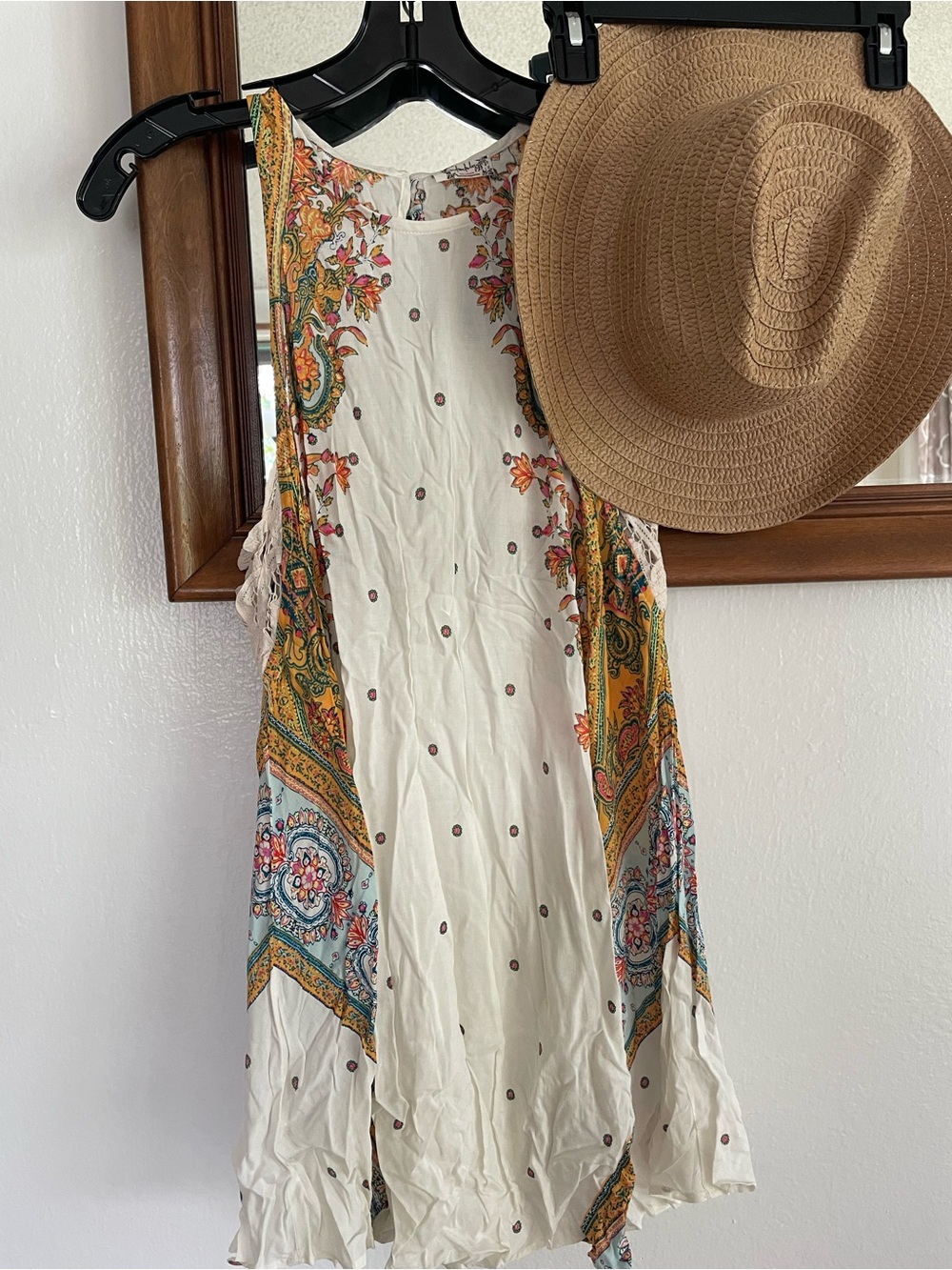 Free People White Mini Dress with Gold & Green Paisley Panels